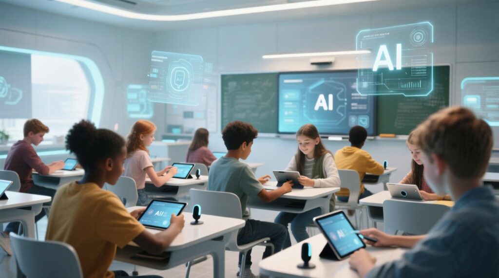Students using AI learning tools in a modern classroom